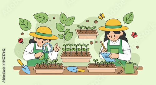 Cartoon Illustration of Two Women Inspecting and Documenting Seedling Growth in Trays indoors