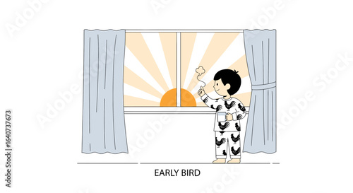 Cheerful early morning illustration of a boy in pajamas enjoying sunrise view