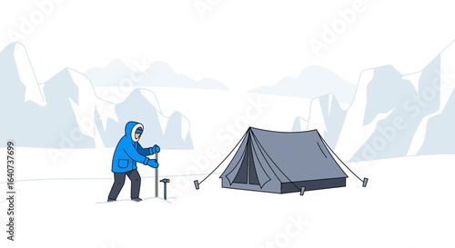 Cartoon Illustration of Winter Camping with Tent and Hiker in Snowy Landscape with mountains in the background for outdoor adventures