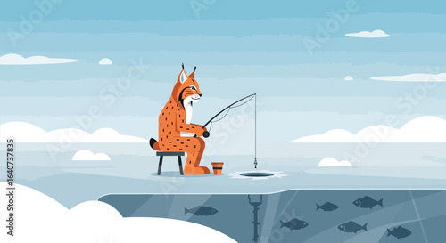 Cartoon lynx enjoys ice fishing on a frozen lake surrounded by winter scenery and fish under the ice