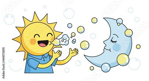 Cheerful Sun Blowing Bubbles to a Sleeping Moon Whimsical Cartoon Illustration