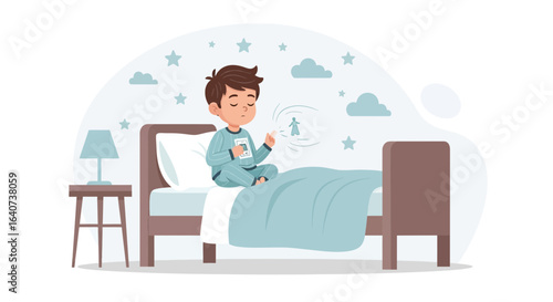 Cartoon of little boy in pajamas sitting in bed looking at his smartphone screen before falling asleep