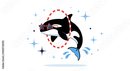 Cartoon orca with star sunglasses jumping through a hoop amid sparkling stars illustration