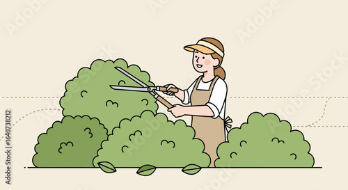 Cheerful Woman Trimming Bushes in Her Garden Depicting Home Improvement and Gardening