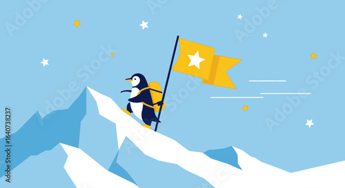 Cartoon penguin conquering a snowy mountain peak carrying a flag of success