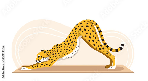 Cheetah practicing yoga pose on mat with calm background illustrating fitness and wellness