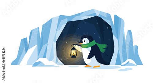 Cartoon Penguin with Lantern Exploring Ice Cave in Winter Landscape Artwork