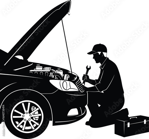 Auto Mechanic Silhouette Repairing Car Engine with Hood Open
