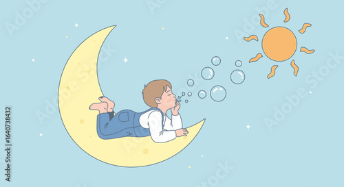 Child Dreams on The Moon Blowing Bubbles To The Sun Cartoon Illustration