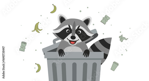 Cartoon Raccoon In Trash Can Showing Waste Management Or Environmental Issues