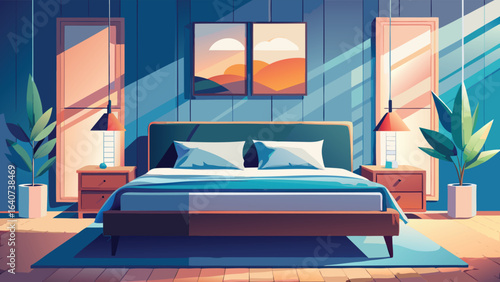 bedroom with a bed, two nightstands, lamps, plants and two paintings on the wall