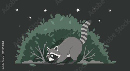 Cartoon Raccoon Searching for Food in Bushes Underneath a Starry Night Sky