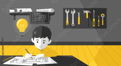 Child engineering at desk drawing, blueprint, concept creation and problem solving