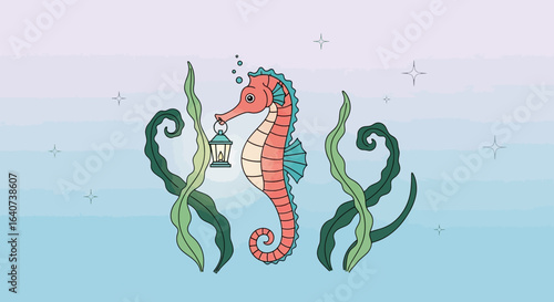 Cartoon Seahorse with Lantern amidst Seaweed: A whimsical underwater adventure depicted with charming character and serene pastel tones