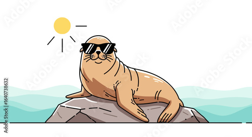 Cartoon seal with sunglasses resting on a rock with the sun shining brightly illustration