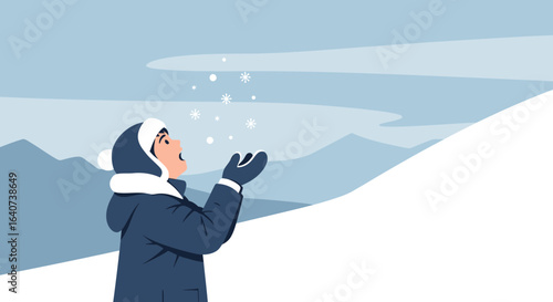 Child Watching Snowflakes Falling Down in Winter Landscape Illustration