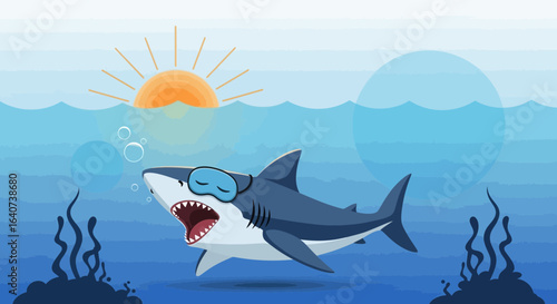 Cartoon shark wearing a sleep mask yawning in the ocean under the rising sun illustration