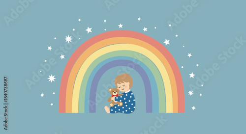 Childhood dream with a rainbow a teddy bear and a starry night illustration