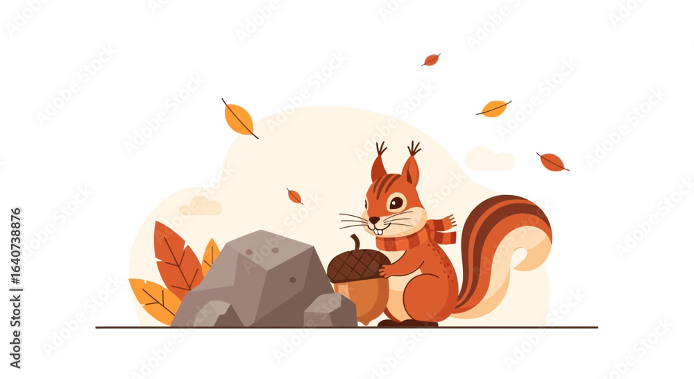 Obraz premium Cartoon squirrel with scarf and acorn, surrounded by autumn leaves illustration