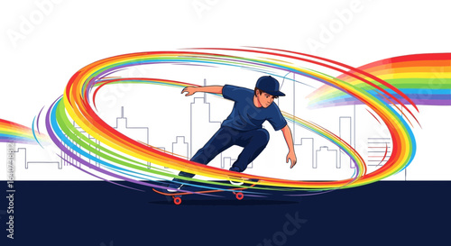 Cartoon skater rides through rainbow city dynamic colorful energy vibrant design
