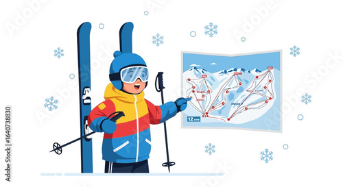 Cartoon skier planning route on ski resort map for winter adventure fun