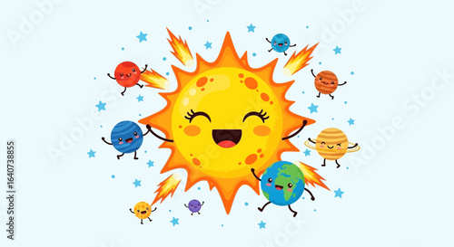 Cartoon Solar System Illustration with Smiling Sun and Happy Planets educational design