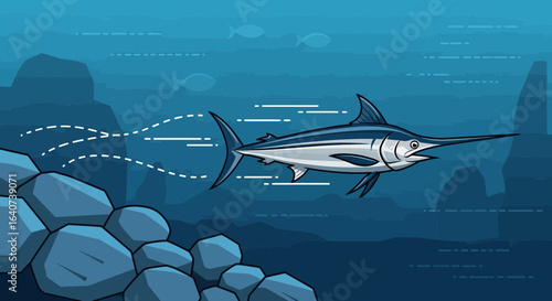 Cartoon Swordfish Swimming Through Deep Blue Sea Near Coral Reefs