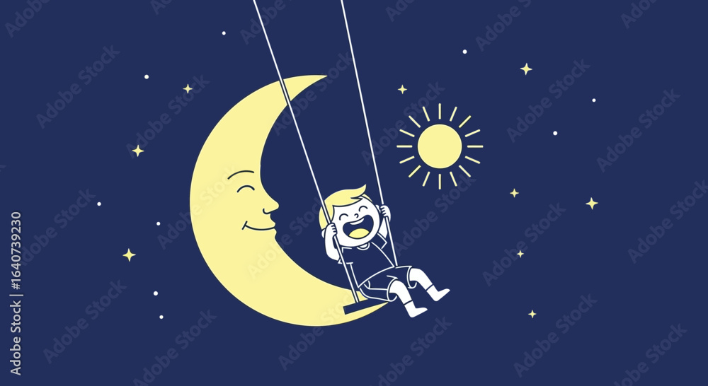Naklejka premium Child's Delight: A Whimsical Journey on the Moon Swing Under the Starlit Sky