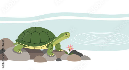 Cartoon Turtle On Rocks Near A Pond With Flower Illustration Design