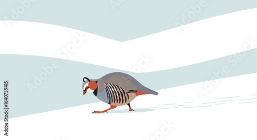 Chukar Bird Foraging in Snowy Scene Minimalist Design Illustration