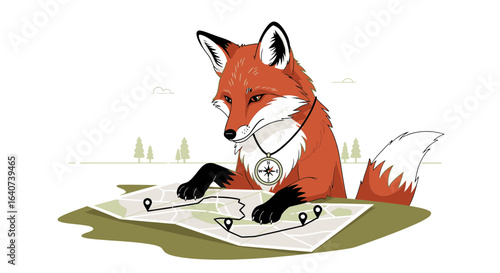 Clever fox planning its journey using a detailed map and a trusty compass  illustration