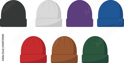 Colorful beanie hat vector set, winter wool cap illustrations, knit headwear icons, cozy fashion clipart for apparel design, branding, printing, and accessories projects