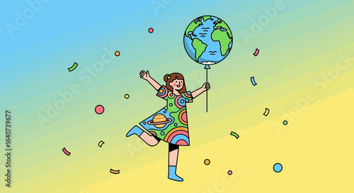 Celebrate Planet Earth With Joyful Girl Holding Globe Balloon Illustration