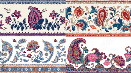 Colorful paisley floral decorative borders inspired by traditional Indian and Persian textile patterns, featuring intricate flowers and swirling leaves.