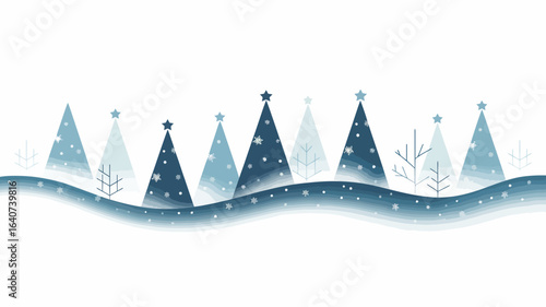 Winter landscape illustration with stylized Christmas trees and snowdrifts against a white background creating a festive seasonal design