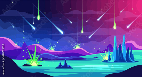 Colorful alien landscape with meteor showers and vibrant otherworldly flora
