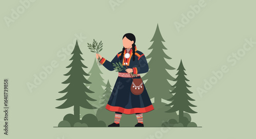 Celebrating Sami Heritage a Woman in Traditional Clothing with Forest Background