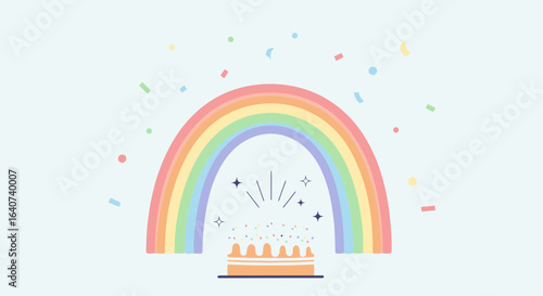 Celebration Under The Rainbow With Delightful Cake And Sparkling Confetti Elements