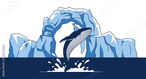 Celebratory whale breaching water near icebergs wearing a festive birthday hat