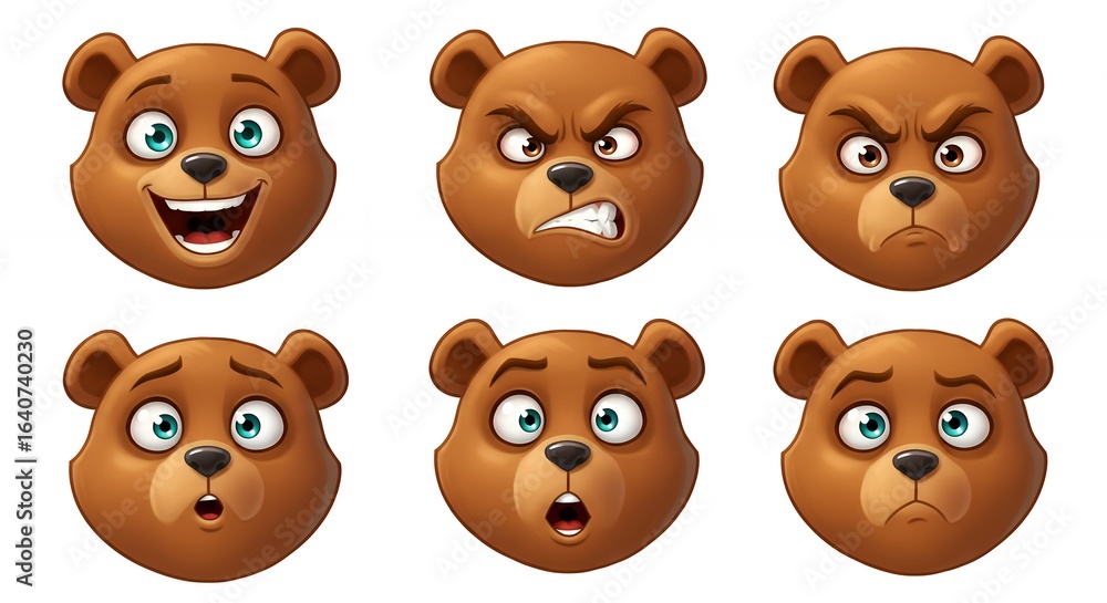 Fototapeta premium Cartoon bear faces set with different emotions