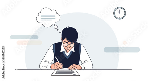 Concentrated Student Writes Exam Vector Illustration In College Classroom Scene