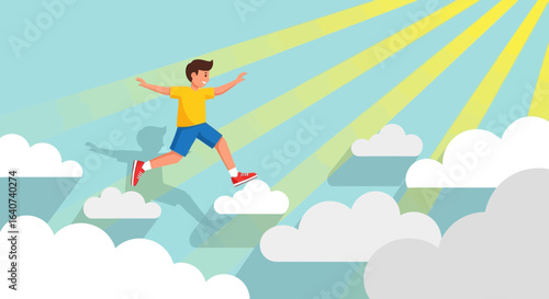 Concept illustration of a man stepping up to success, jumping over clouds, sunny sky and happy, optimistic lifestyle, achievement and dreams