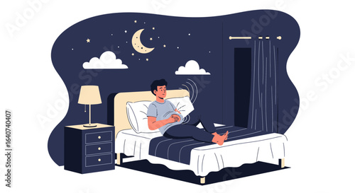 Conceptual illustration of a man suffering from stomach pain at night in bed with moon and stars in background