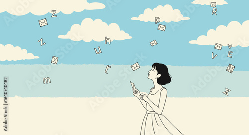 Conceptual illustration of a woman with a tablet and falling emails and letters in a serene sky environment