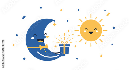 Charming Cartoon Illustration Featuring a Moon Giving a Gift to the Sun with Celebration, minimum 50 characters, maximum 100 characters