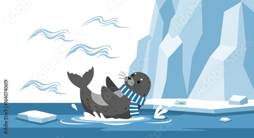 Charming Cartoon Seal in Snowy Arctic Landscape, Perfect for Children's Illustration Projects and Winter-themed Designs