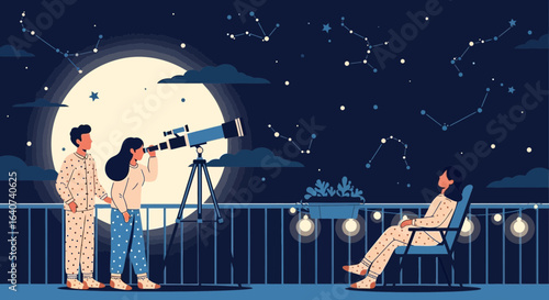 Cozy Night Observing Stars With Telescope And Enjoying Night Sky