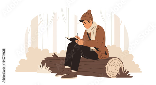 Contemplative Man Writes in a Notebook in Forest Minimalist Vector Illustration