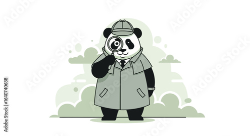 Charming Detective Panda Illustration: A Whimsical Detective Panda with a Magnifying Glass and Classic Detective Outfit