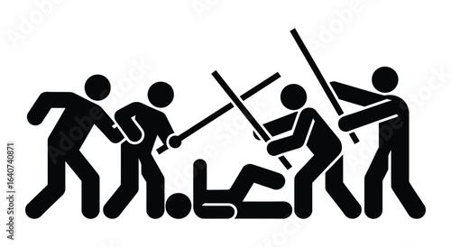 Stick figure people beating a person lying on the ground with sticks
